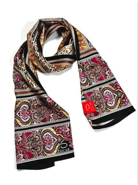 Oscar De La Renta Womans Scarf Red Purple Tan Paisley Leopard Print Silk Scarf